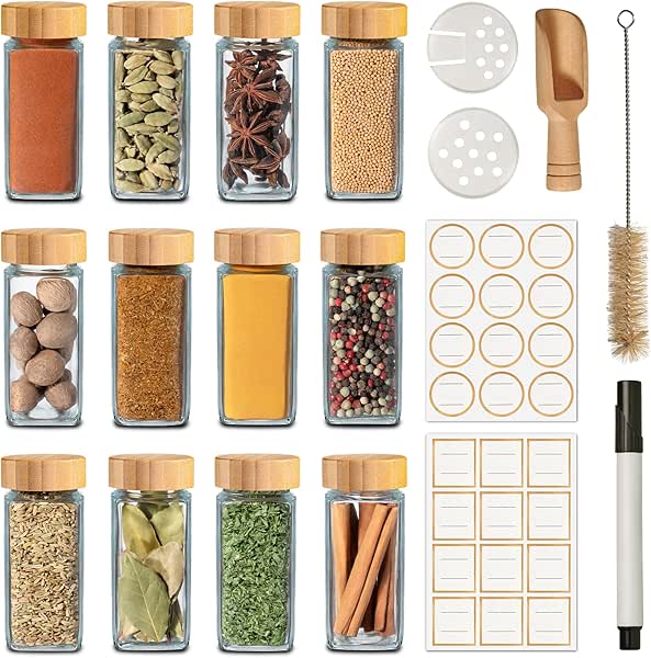 New 12 Glass Square Spice Jars with Bamboo Lids Seasoning Container with Sprinkle Insert