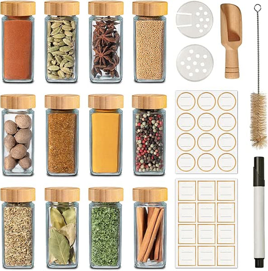 New 12 Glass Square Spice Jars with Bamboo Lids Seasoning Container with Sprinkle Insert