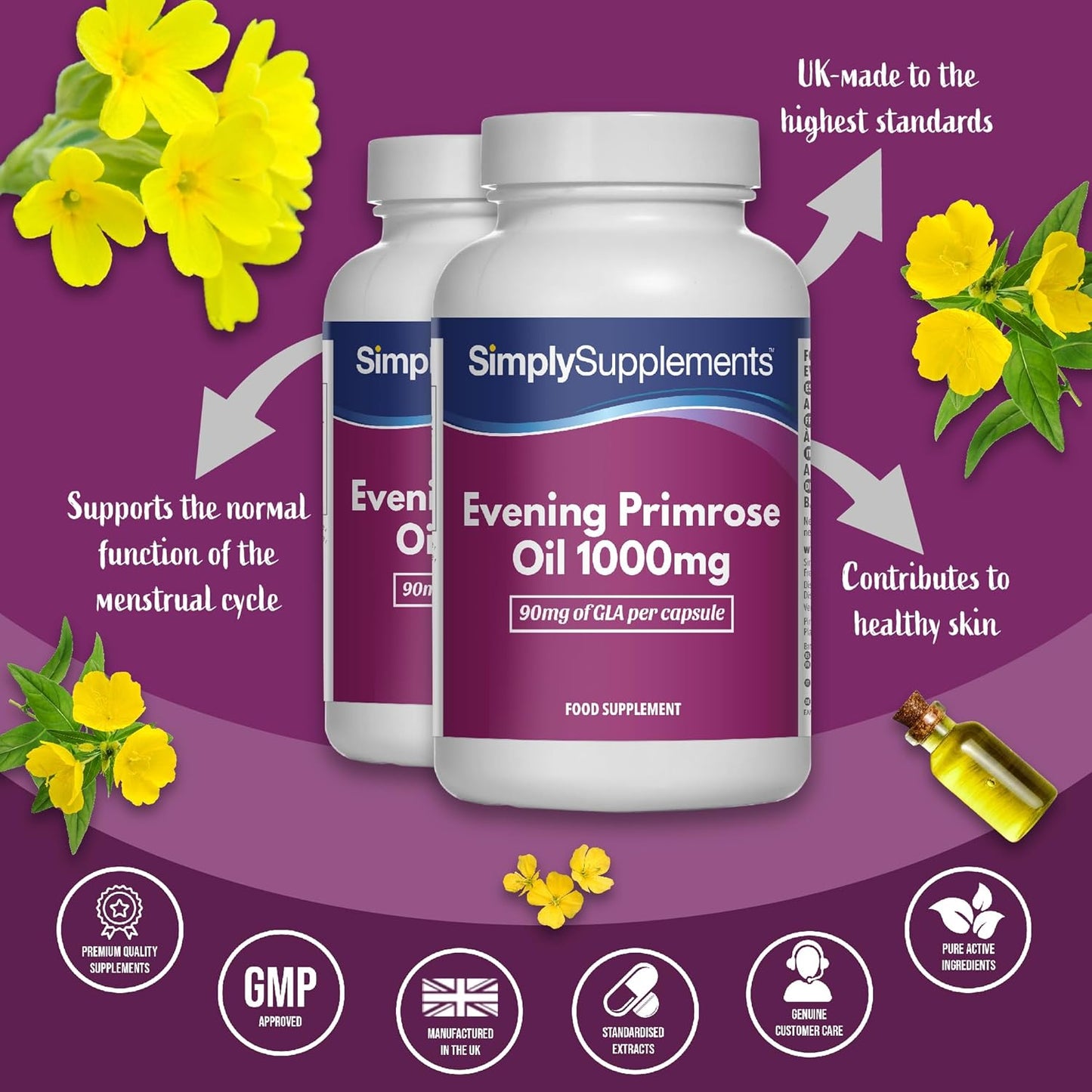 Primrose Oil 1000mg Capsules | Supports Hormonal Balance & Healthy Skin | with Added Vitamins B6 & E