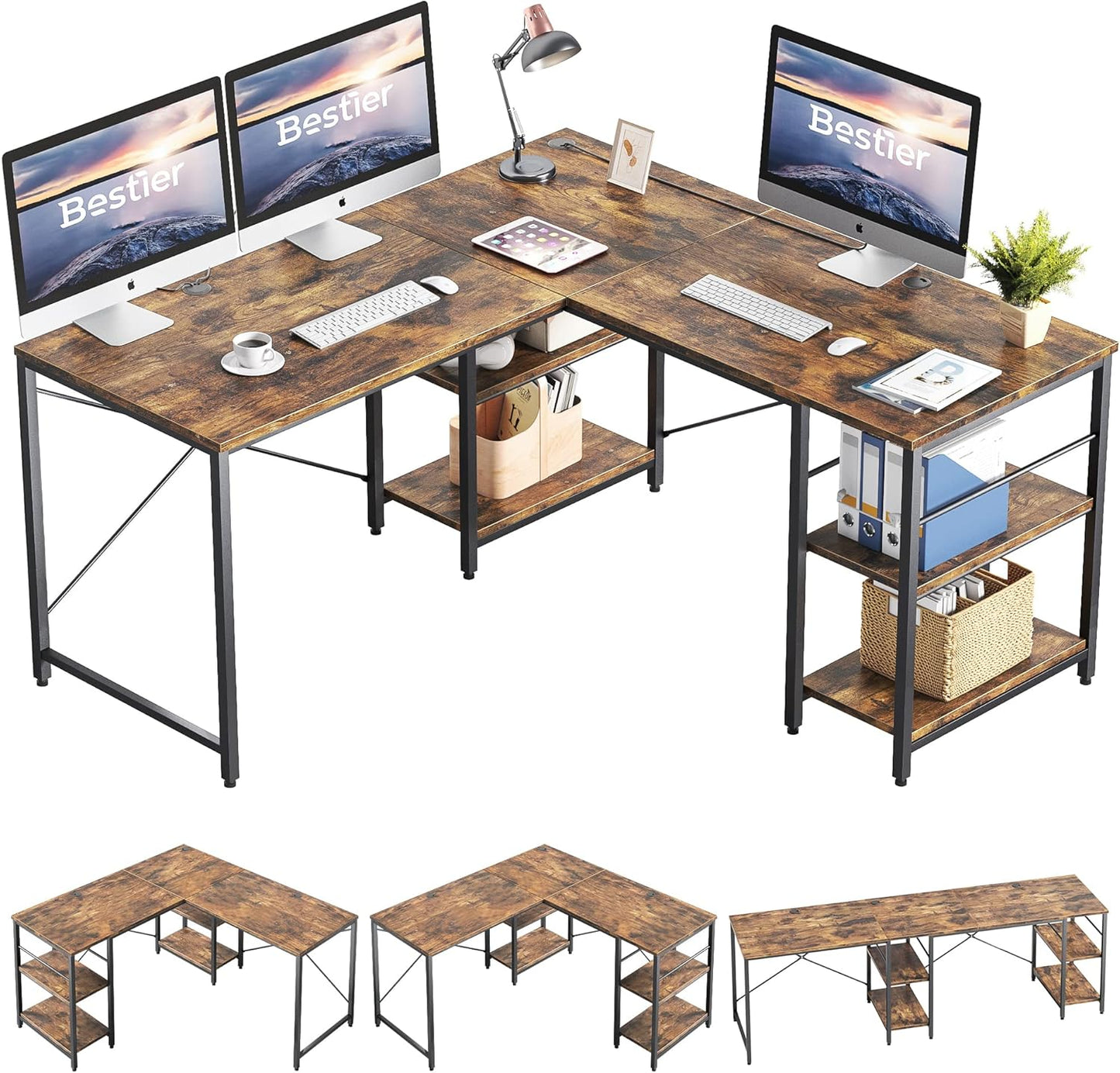 150CM Reversible L Shaped Desk with Shelves Industrial Corner Desk 240CM Long Table Computer Workstation with 3 Cable Holes