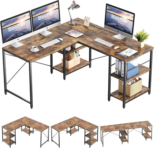 150CM Reversible L Shaped Desk with Shelves Industrial Corner Desk 240CM Long Table Computer Workstation with 3 Cable Holes