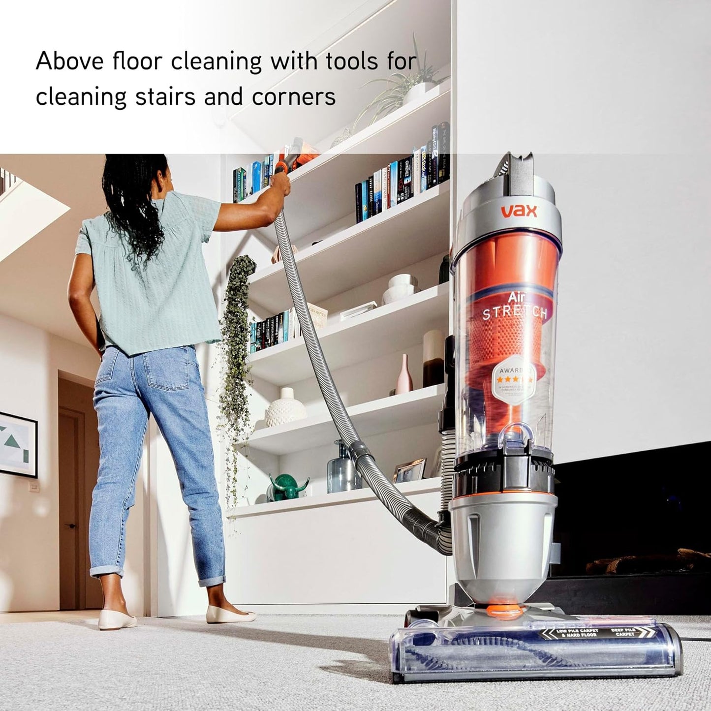 Air Stretch Upright Vacuum Cleaner; Over 17m Reach; High performance, Multi-cyclonic, with No Loss of Suction; Lightweight - U85-AS-Be, Silver and Orange