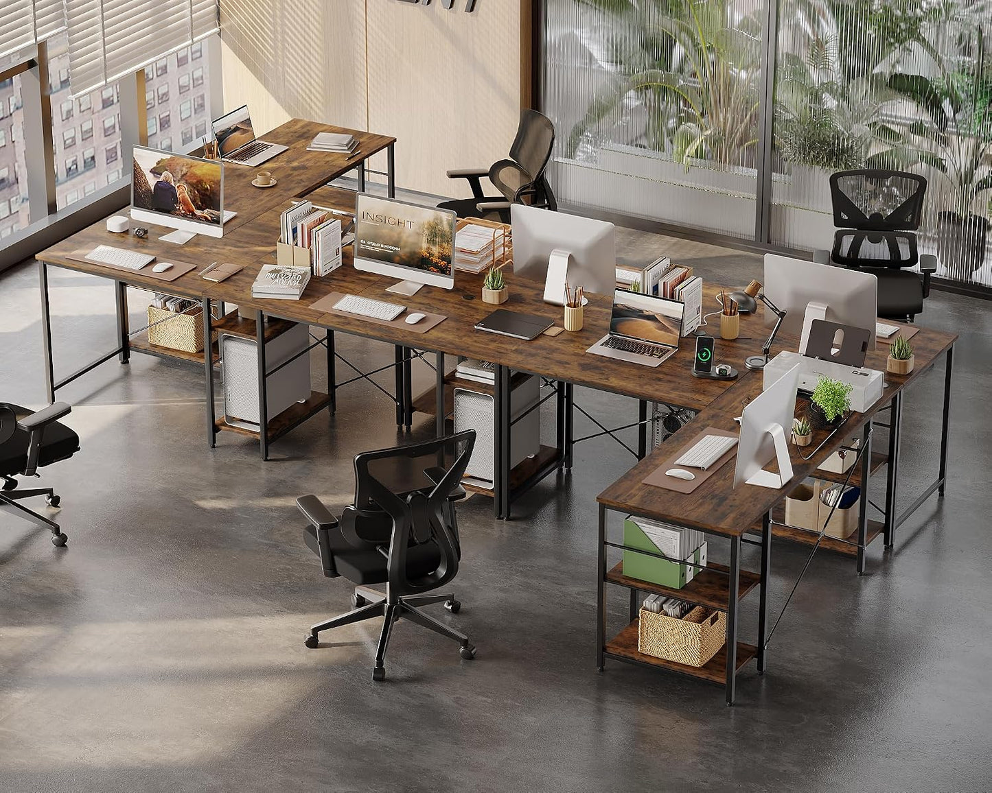 Reversible L Shaped Industrial Corner Desk with Shelves and Cable Holes