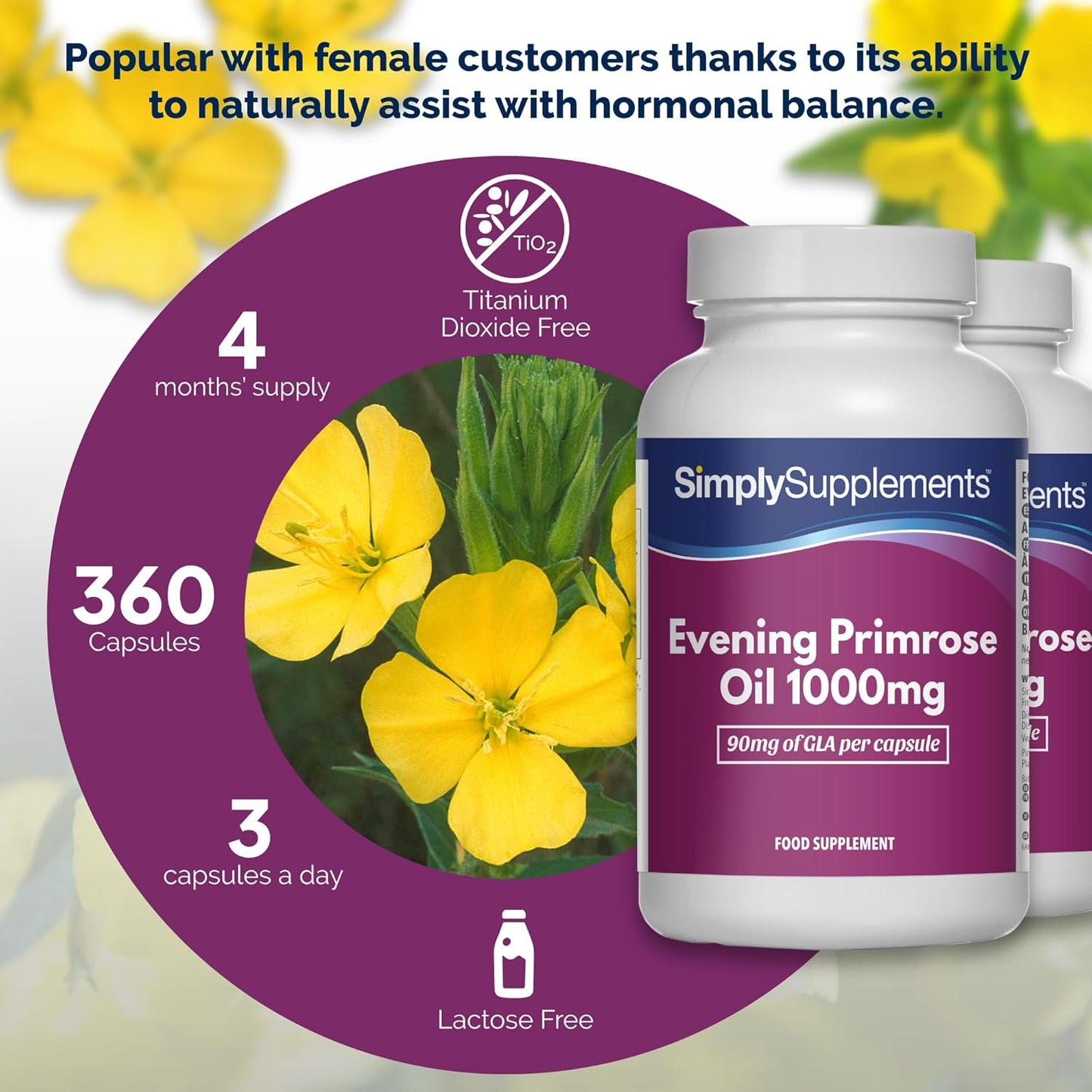 Primrose Oil 1000mg Capsules | Supports Hormonal Balance & Healthy Skin | with Added Vitamins B6 & E