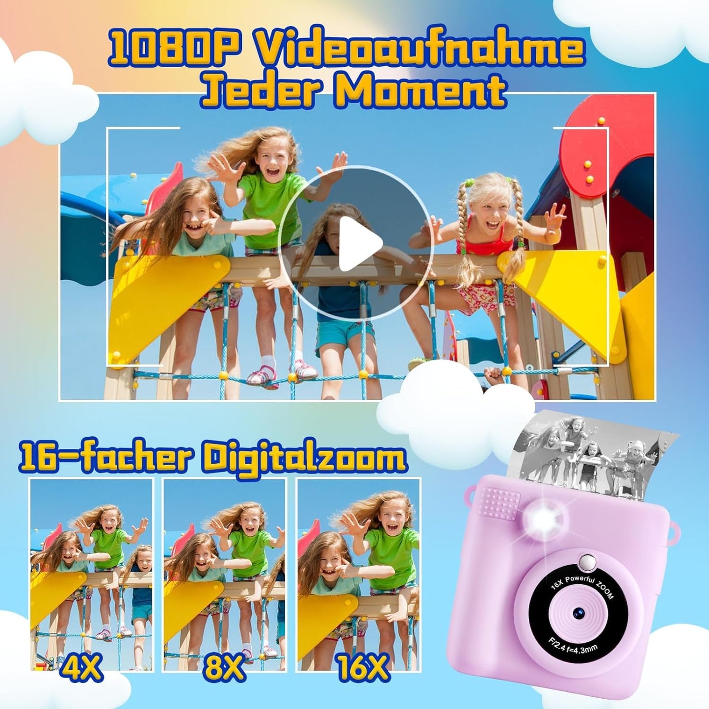 Kids Instant Print Camera, 1080P HD Digital Camera with 32G SD Card, 3 Rolls Photo Paper & 6 Color Pens, for 3-14 Year Old Girls