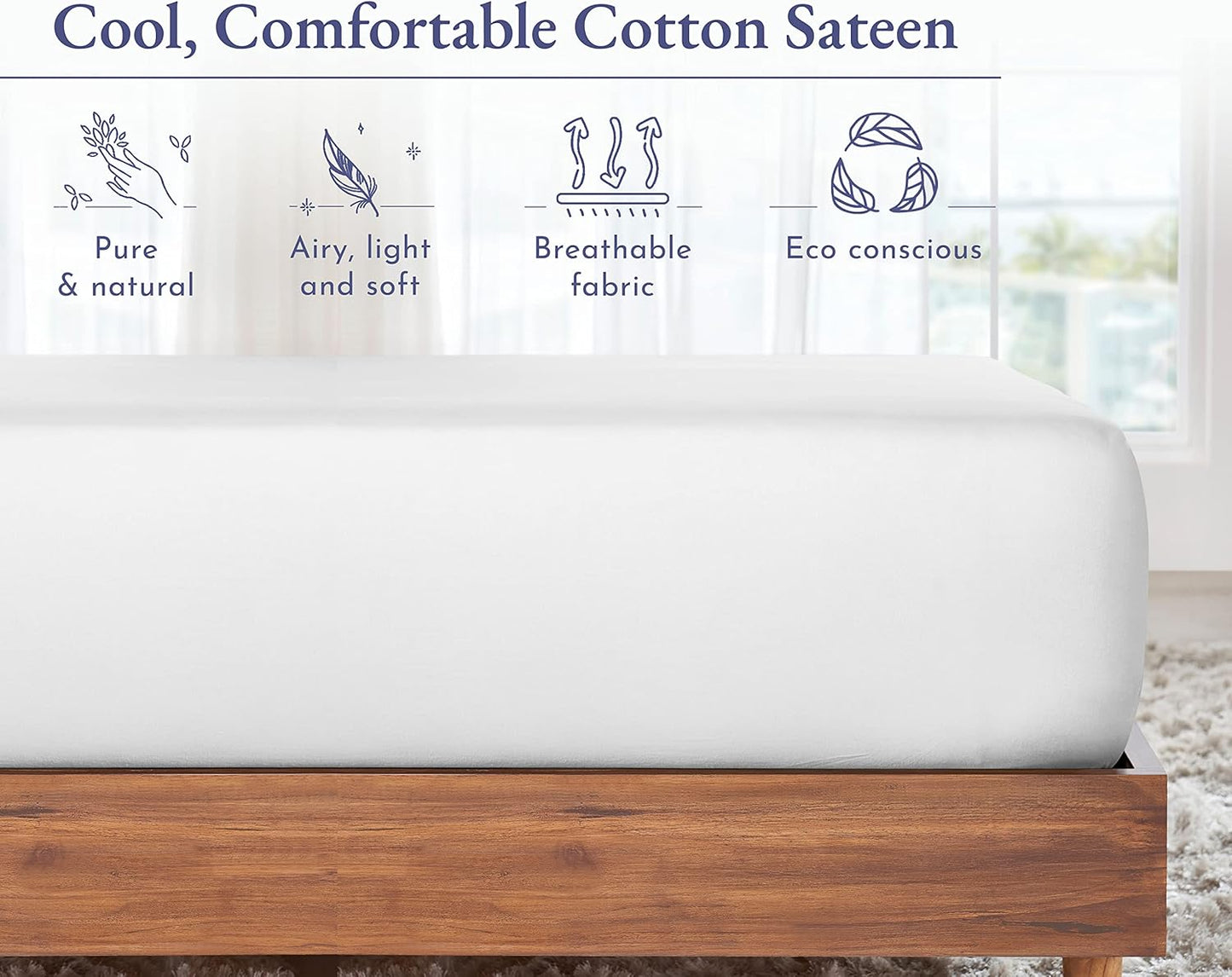 King Size Deep Fitted Sheet Only - Soft 100% Cotton Bed Sheets, Sateen, No-Pop Off Elastic (King, White)