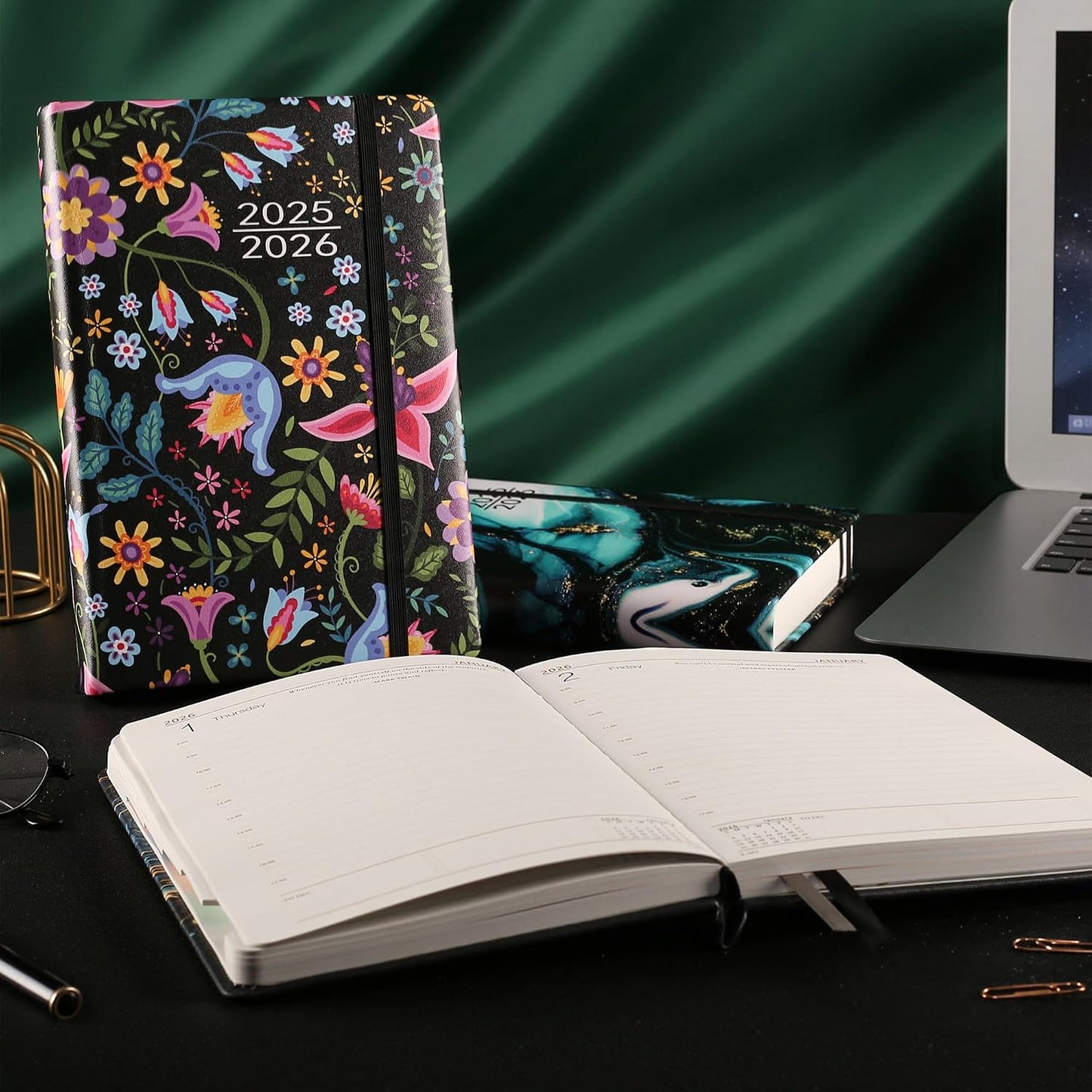 Page a Day Diary with Colorful Tabs, UK Holidays, Inner Pocket, and Pen Set - Blossom Dream