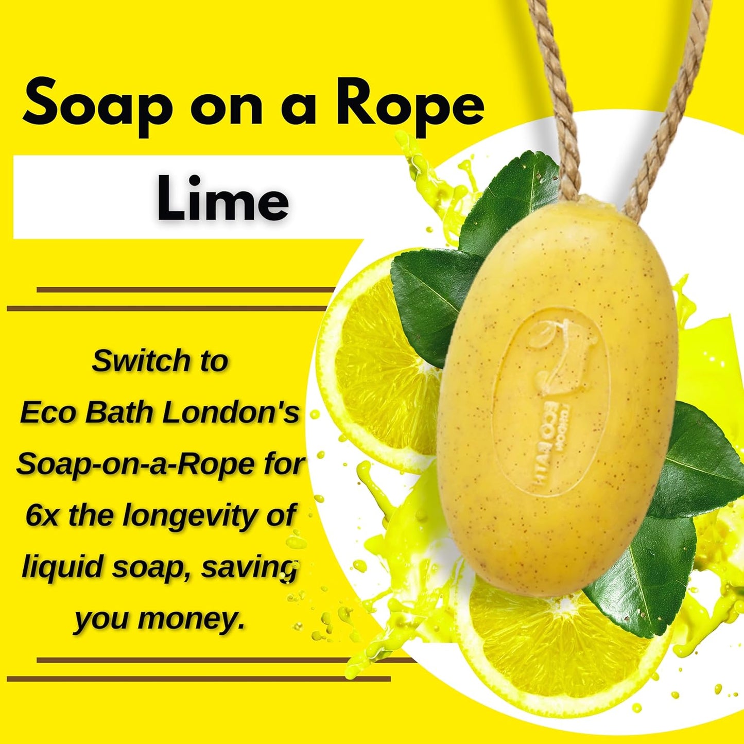 Eco Bath London Lime Soap on a Rope 220g - Luxury Eco-Friendly Lime Soap, Refreshing Body Wash Bar with Shea Butter, Natural Shower Gel Bar for Smooth and Hydrated Skin,