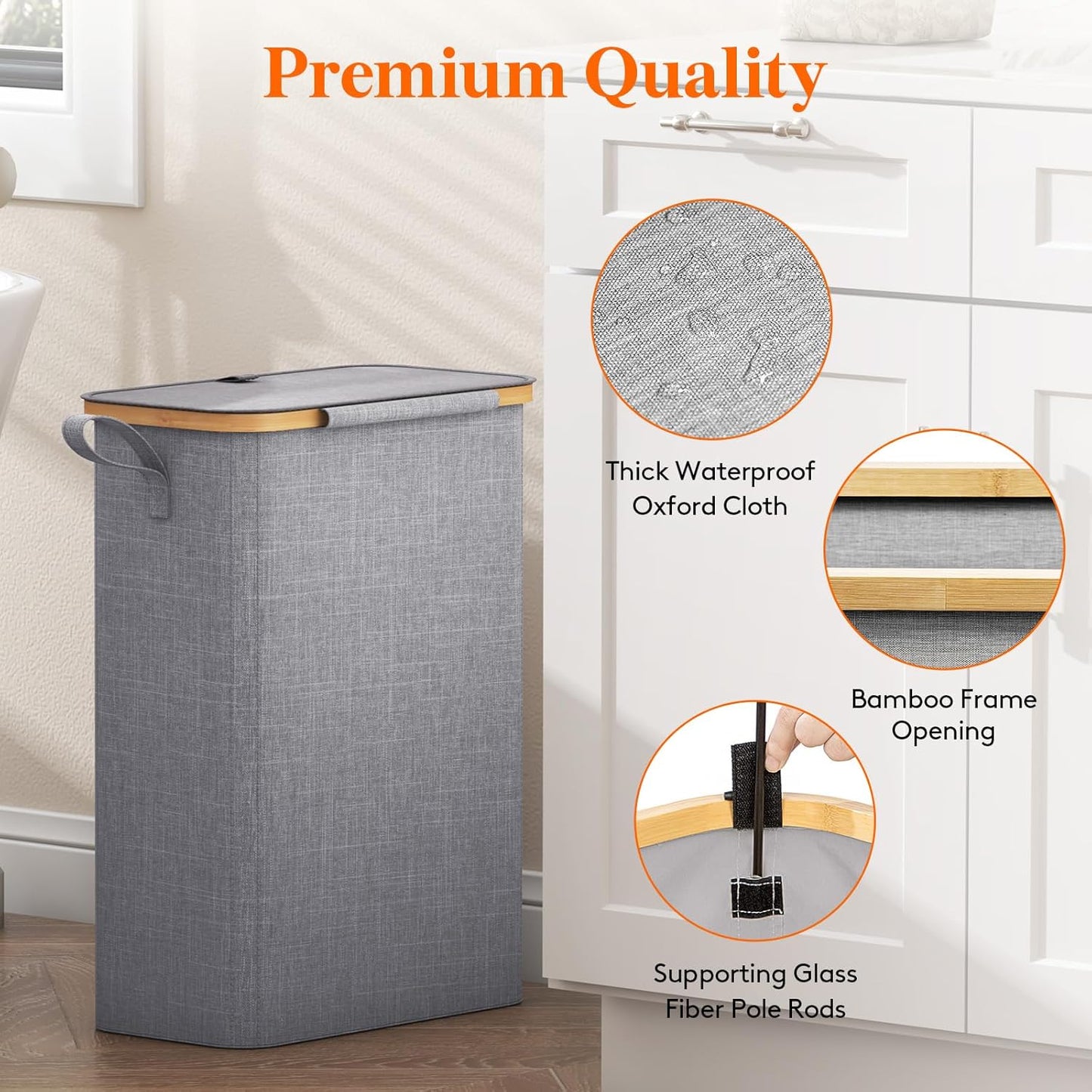50L Slim Laundry Hamper with Lid, Narrow Laundry Basket with Removable Bag & Bamboo Handles, Fodable Thin Dirty Clothes Hamper for Laundry Collapsible Bin for Bathroom Bedroom Dorm