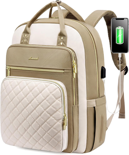 Laptop Backpack Women 15.6 Inch, Backpacks Womens, Rucksack Bag for College Work Travel University, Ladies Lightweight Commuter Bags with USB Port, Beige Khaki