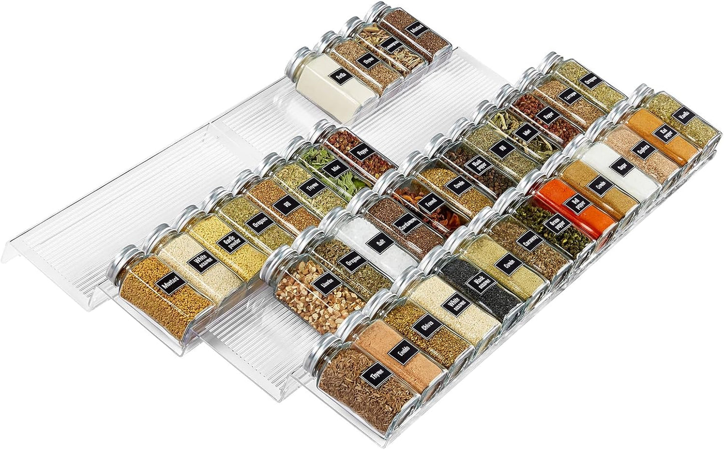 Spice Drawer Organiser, Spice Rack for Inside Drawer, Adjustable Seasoning Jars Storage Tray for Cupboard, Acrylic Drawers Shelf for Kitchen, Countertop, Cabinet, 4 Tiers, Set of 8, Black