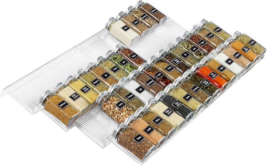 Spice Drawer Organiser, Spice Rack for Inside Drawer, Adjustable Seasoning Jars Storage Tray for Cupboard, Acrylic Drawers Shelf for Kitchen, Countertop, Cabinet, 4 Tiers, Set of 8, Black