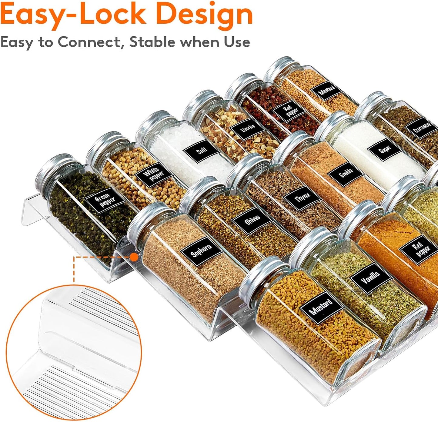 Spice Drawer Organiser, Spice Rack for Inside Drawer, Adjustable Seasoning Jars Storage Tray for Cupboard, Acrylic Drawers Shelf for Kitchen, Countertop, Cabinet, 4 Tiers, Set of 8, Black