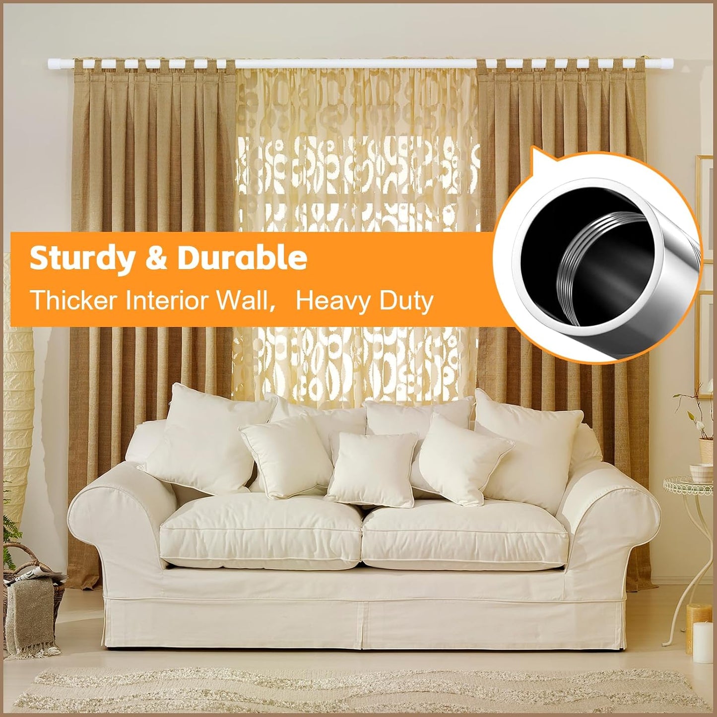 Curtain Poles with White Finials, Frosted White Curtain Pole with Brackets Fittings Set Window Poles for Living Room & Outdoor