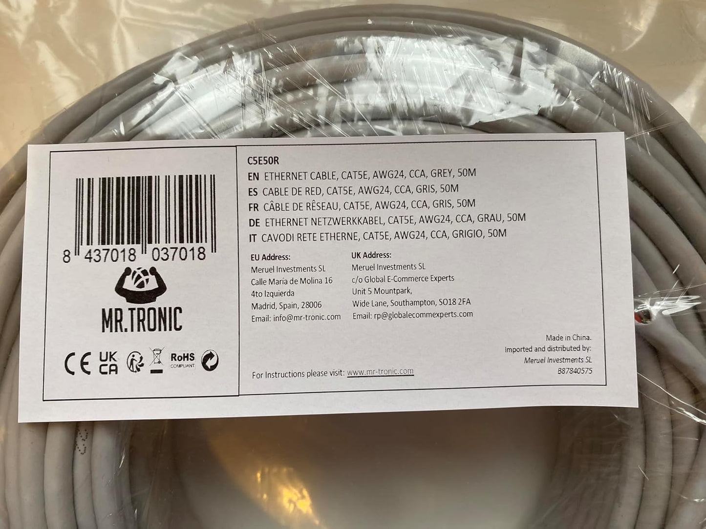 Bulk Cat 5E Ethernet Cable 50m, High Speed LAN Ethernet Network Cable, 50m Bulk Cat5E Internet 1 Gbps, 100 MHz, ADSL AWG24, UTP CCA