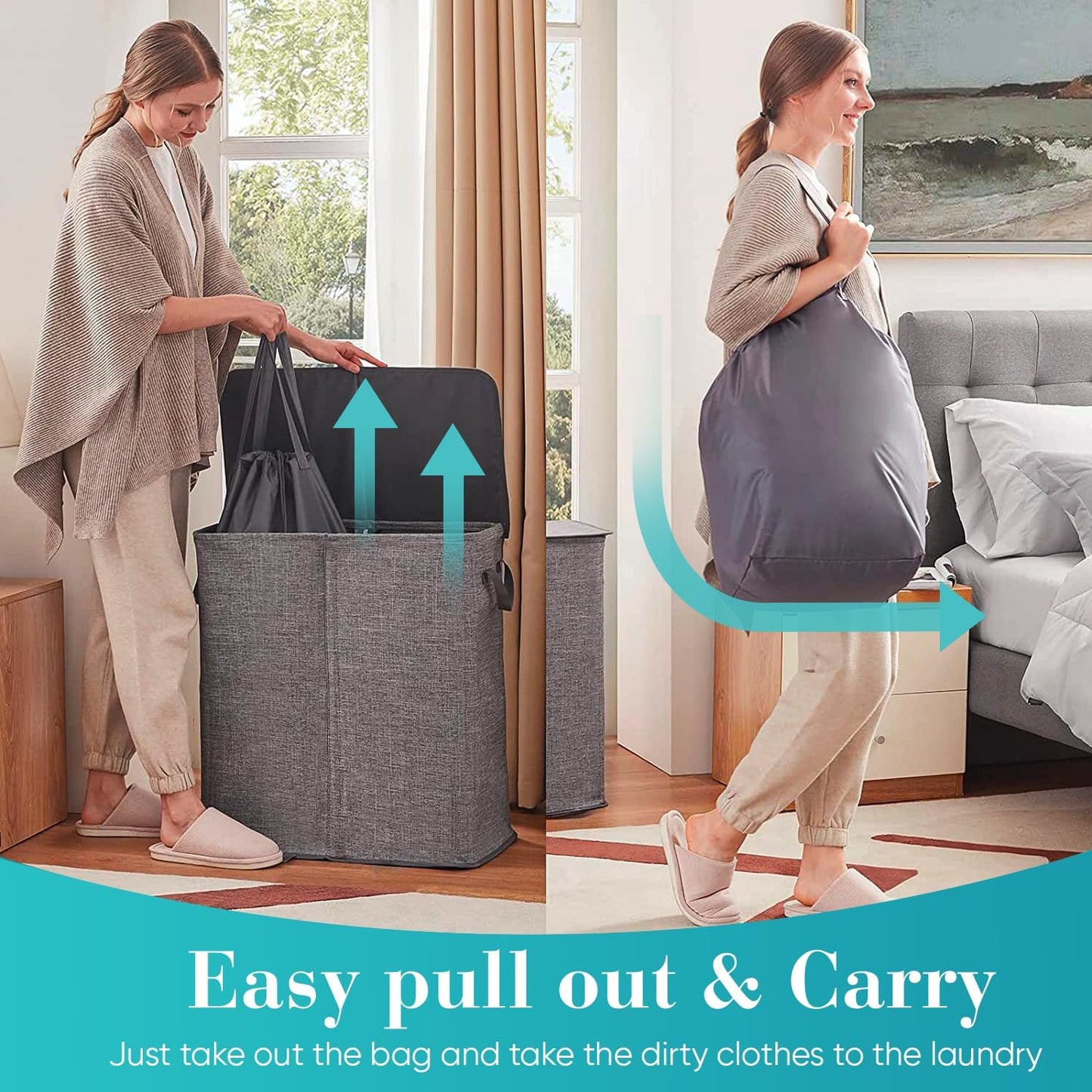 Double Laundry Basket with Lid & Removable Laundry Bags, 2 Compartments Washing Basket, 145L Large Laundry Hamper, Collapsible Laundry Bin Storage Basket Grey