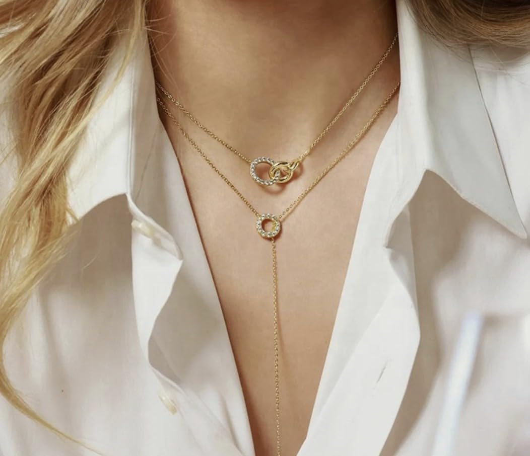 Ameya Interlocking Circles Necklace, 18K Gold Plated with Crystal Accents, Dainty Chain