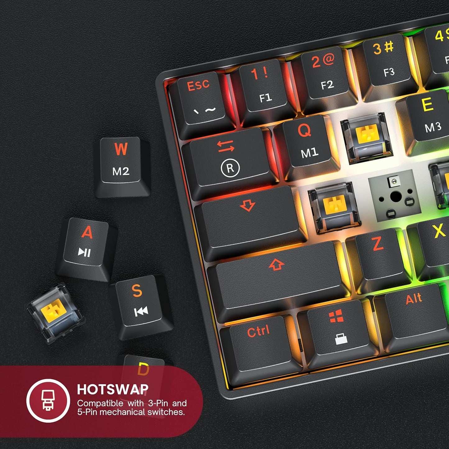 Mechanical Gaming Keyboard - 61 Keys Multi Color RGB Illuminated LED Backlit Wired Programmable for PC/Mac Gamer