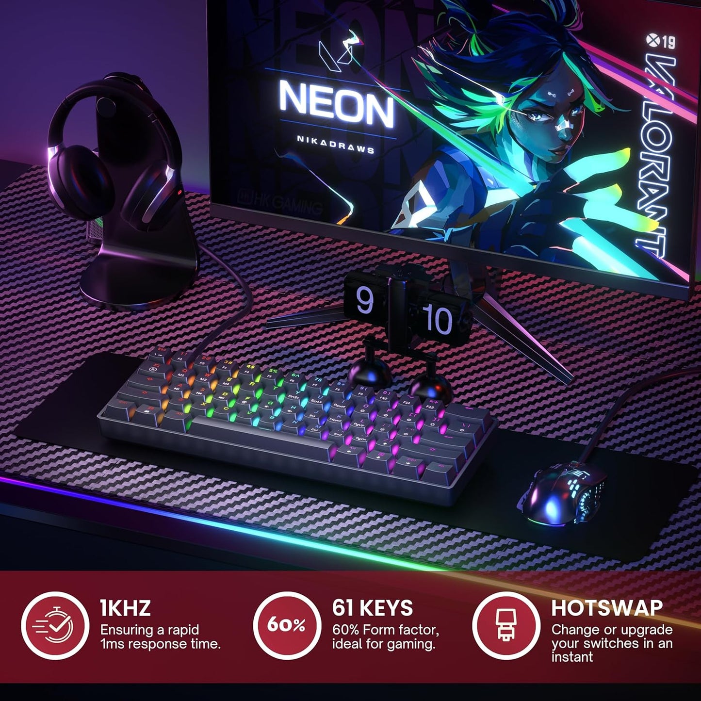 Mechanical Gaming Keyboard - 61 Keys Multi Color RGB Illuminated LED Backlit Wired Programmable for PC/Mac Gamer