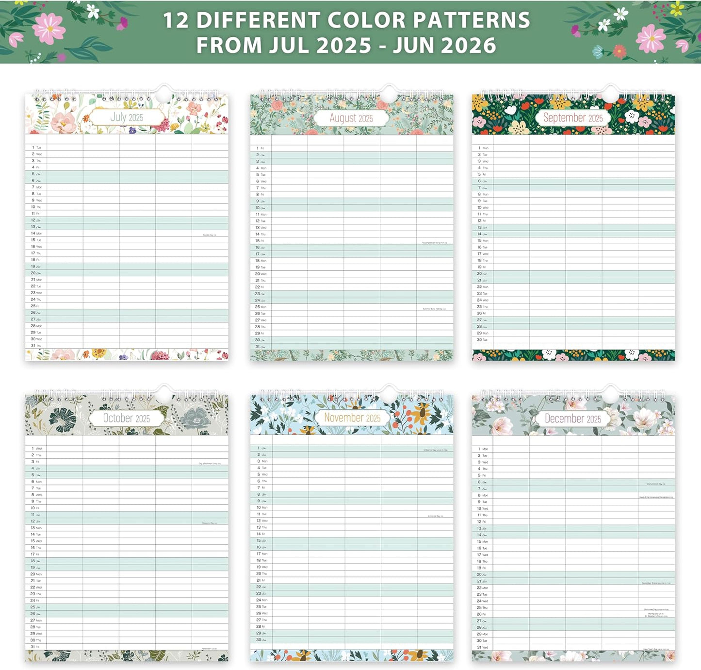 18 Month Wall Calendar with Large Blocks and Seasonal Pattern
