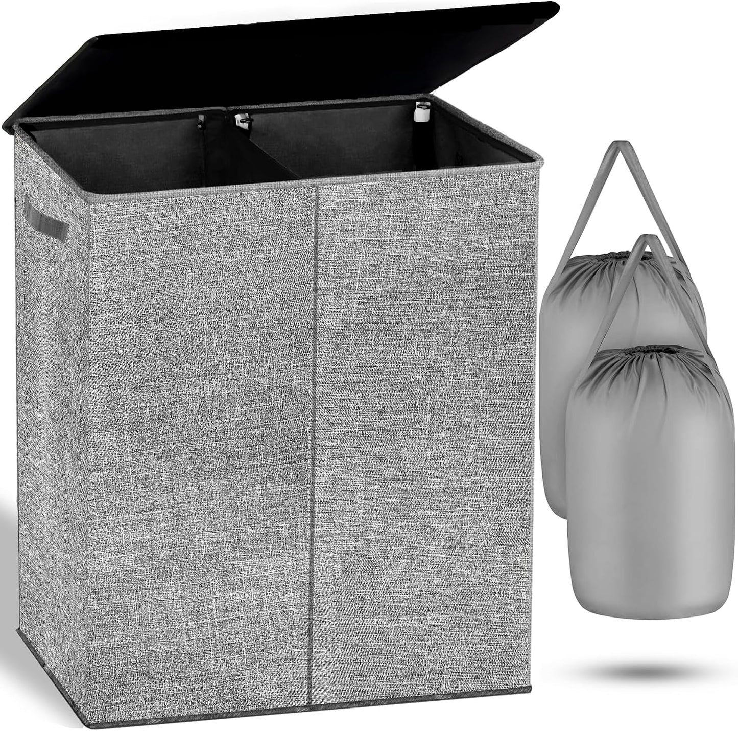 Double Laundry Basket with Lid & Removable Laundry Bags, 2 Compartments Washing Basket, 145L Large Laundry Hamper, Collapsible Laundry Bin Storage Basket Grey