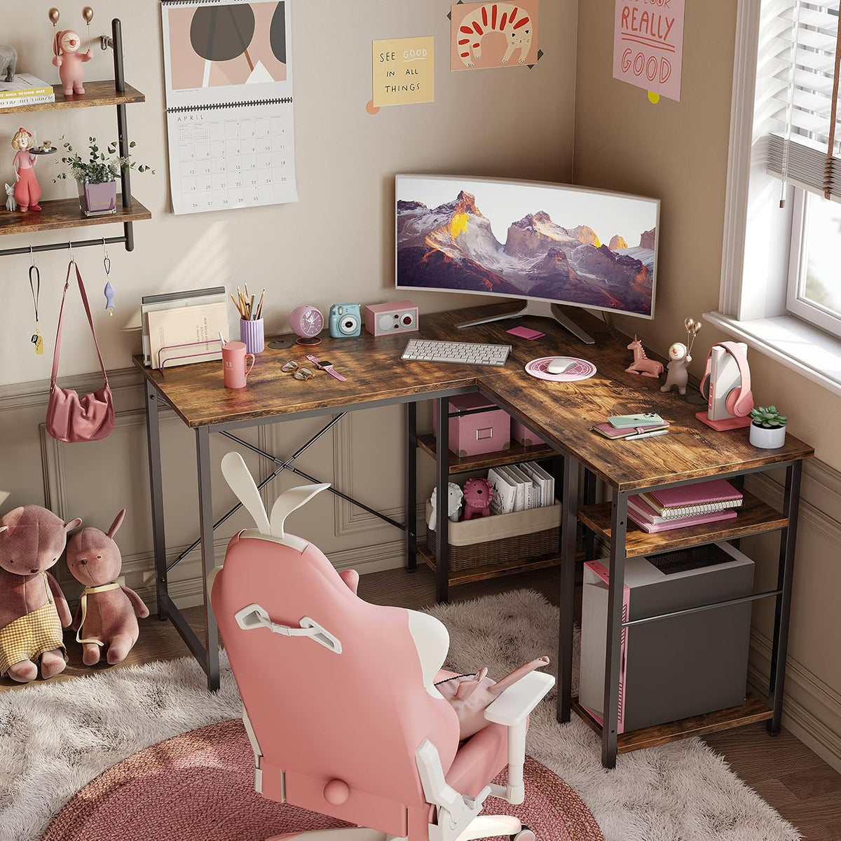 120CM Reversible L Shaped Corner Desk with Shelves