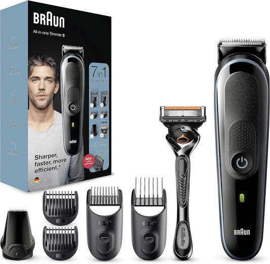 Braun 7-in-1 All-In-One Series 3, Male Grooming Kit With Beard Trimmer, Hair Clippers, Gillette Razor & Precision Trimmer, 5 Attachments, Gifts For Men, UK 2 Pin Plug, MGK3245, Black/Blue Razor