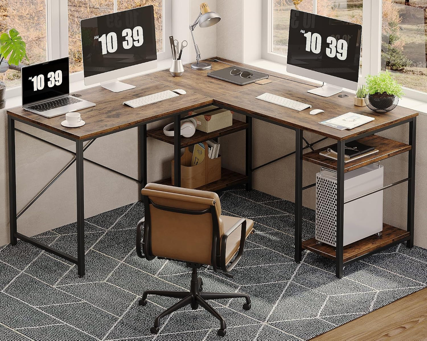 Reversible L Shaped Industrial Corner Desk with Shelves and Cable Holes