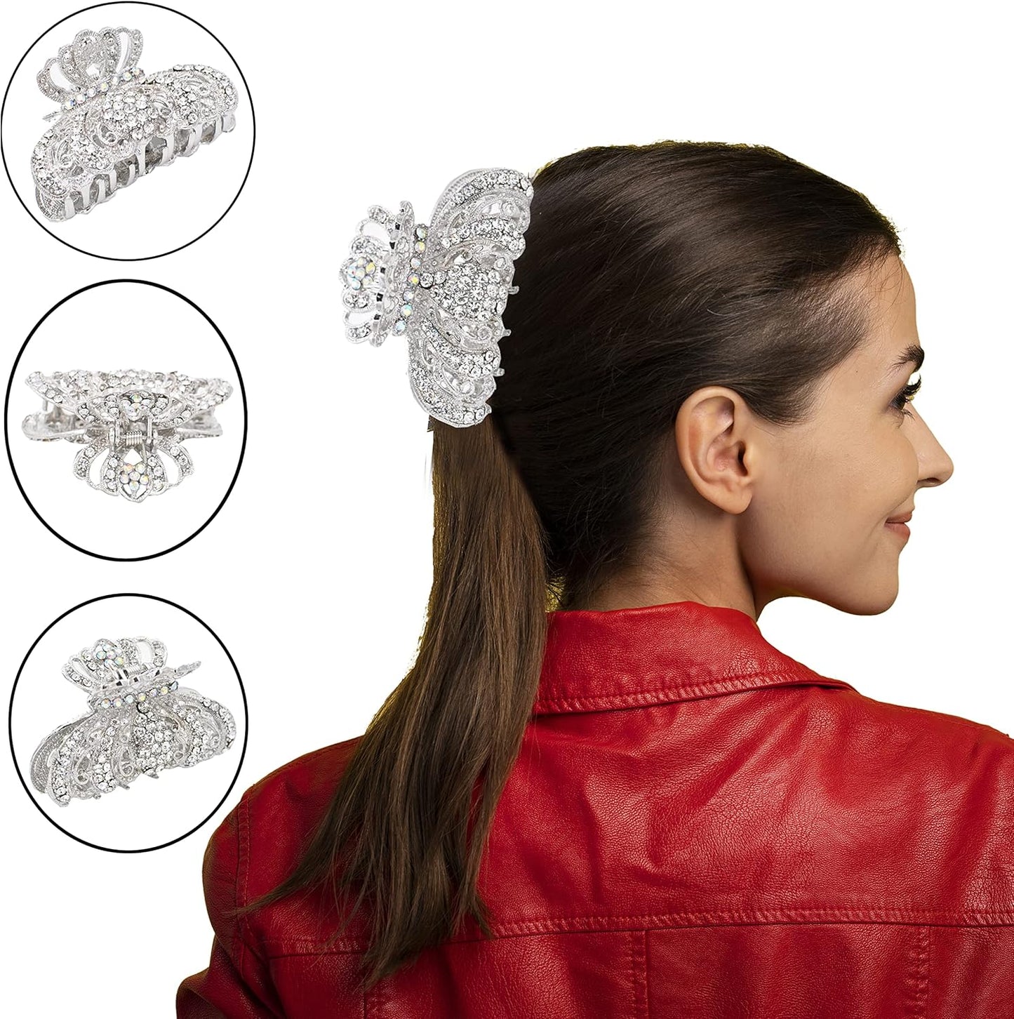 Metal Antique Silver Plated Hair Clips Women, Crystal Rhinestone Hair Claw, Diamante Hair Clamp, Anti Slip Large Claw Clips for Thin & Thick Hair, Hair Styling Accessories Women