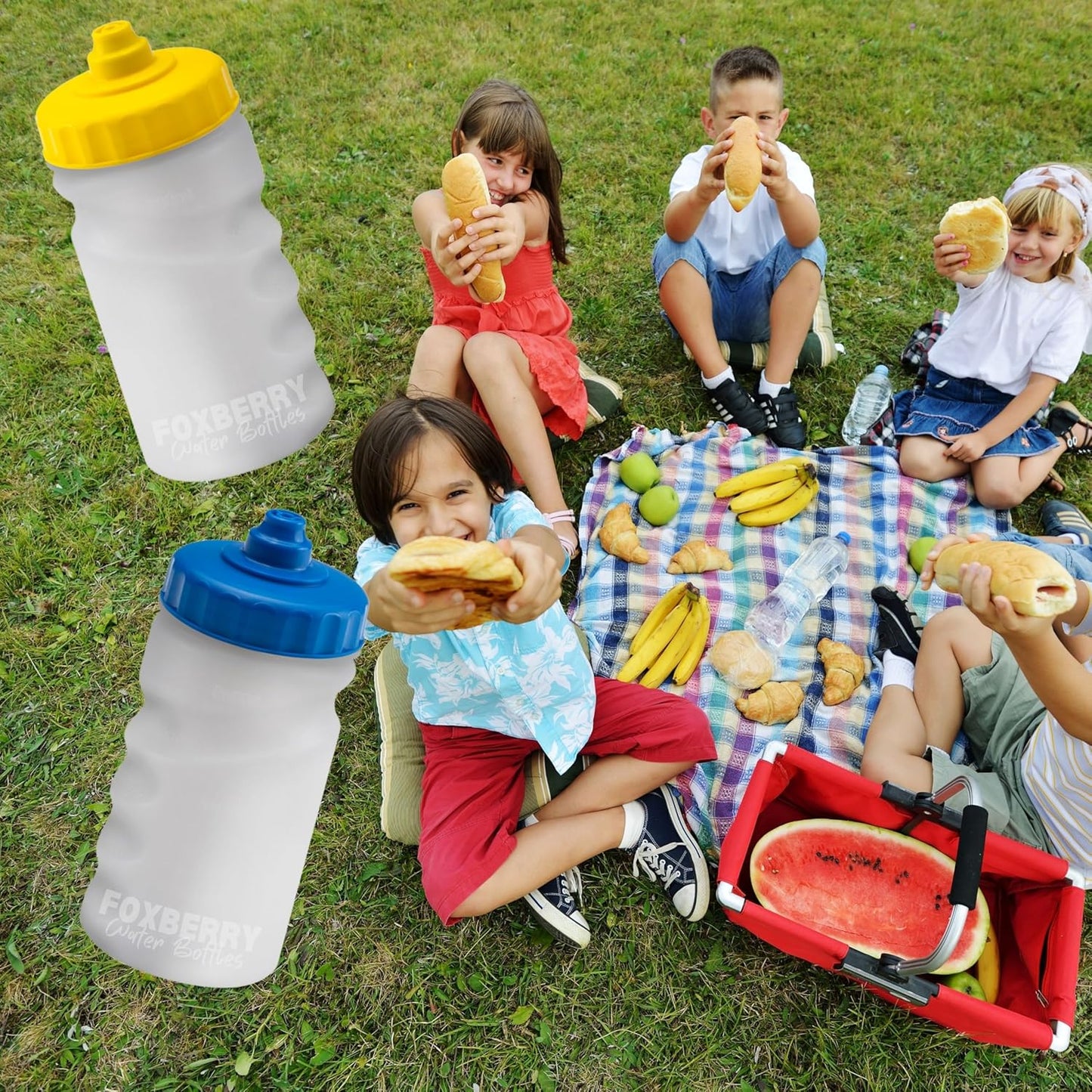 300ml Children's Small Reusable Water Bottles - 4 Pack - Hands Free Lid - Spill Proof - Leakproof Spout - BPA Free - Dishwasher Safe - Sports - School - Clubs (Green Yellow Red Blue)