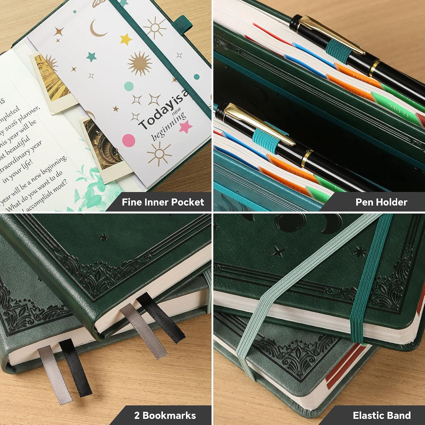2025-2026 Academic A5 Diary Page a Day Daily Planner Organizer with Month View, Pen Set, Colorful Monthly Tabs, Inner Pocket - Dark Green
