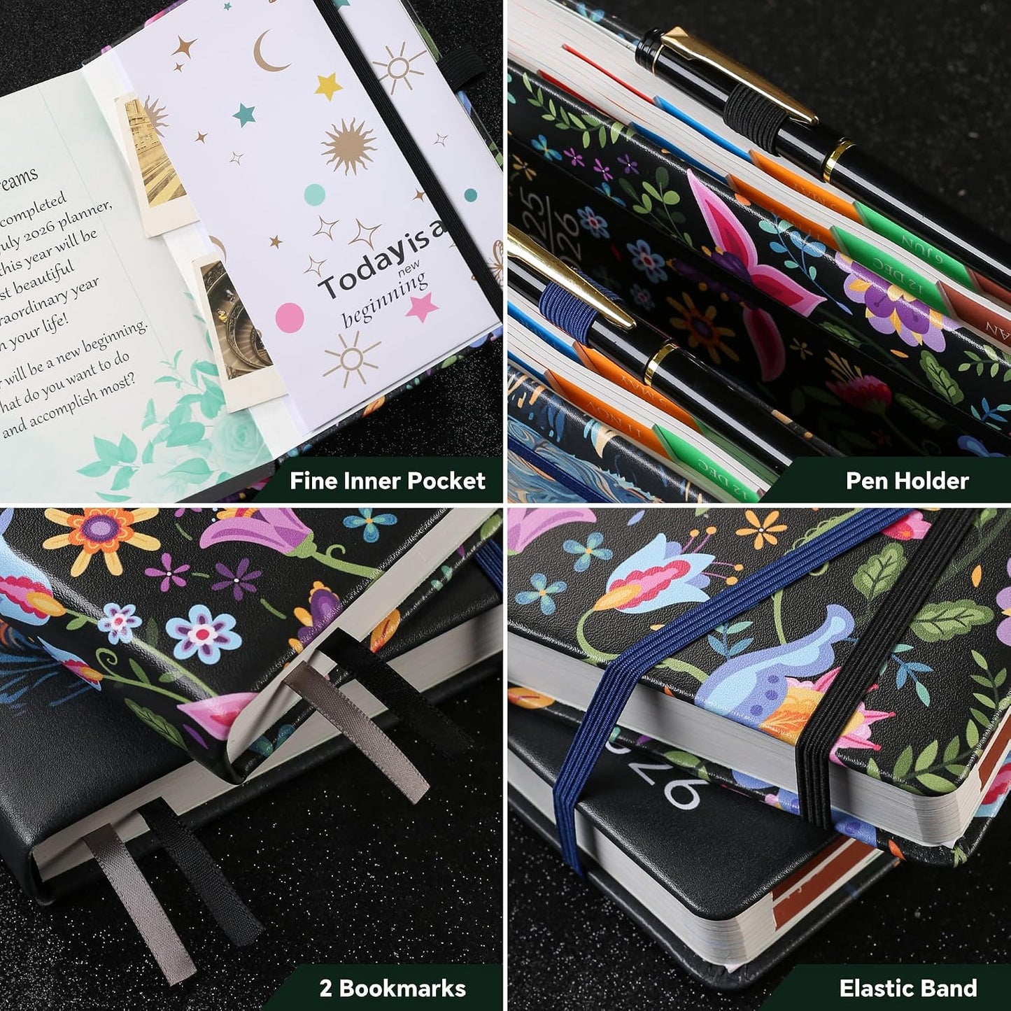Page a Day Diary with Colorful Tabs, UK Holidays, Inner Pocket, and Pen Set - Blossom Dream