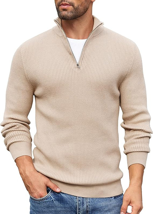 New Mens Quarter Zip Jumper Knitted Turtleneck Sweater Long Sleeved