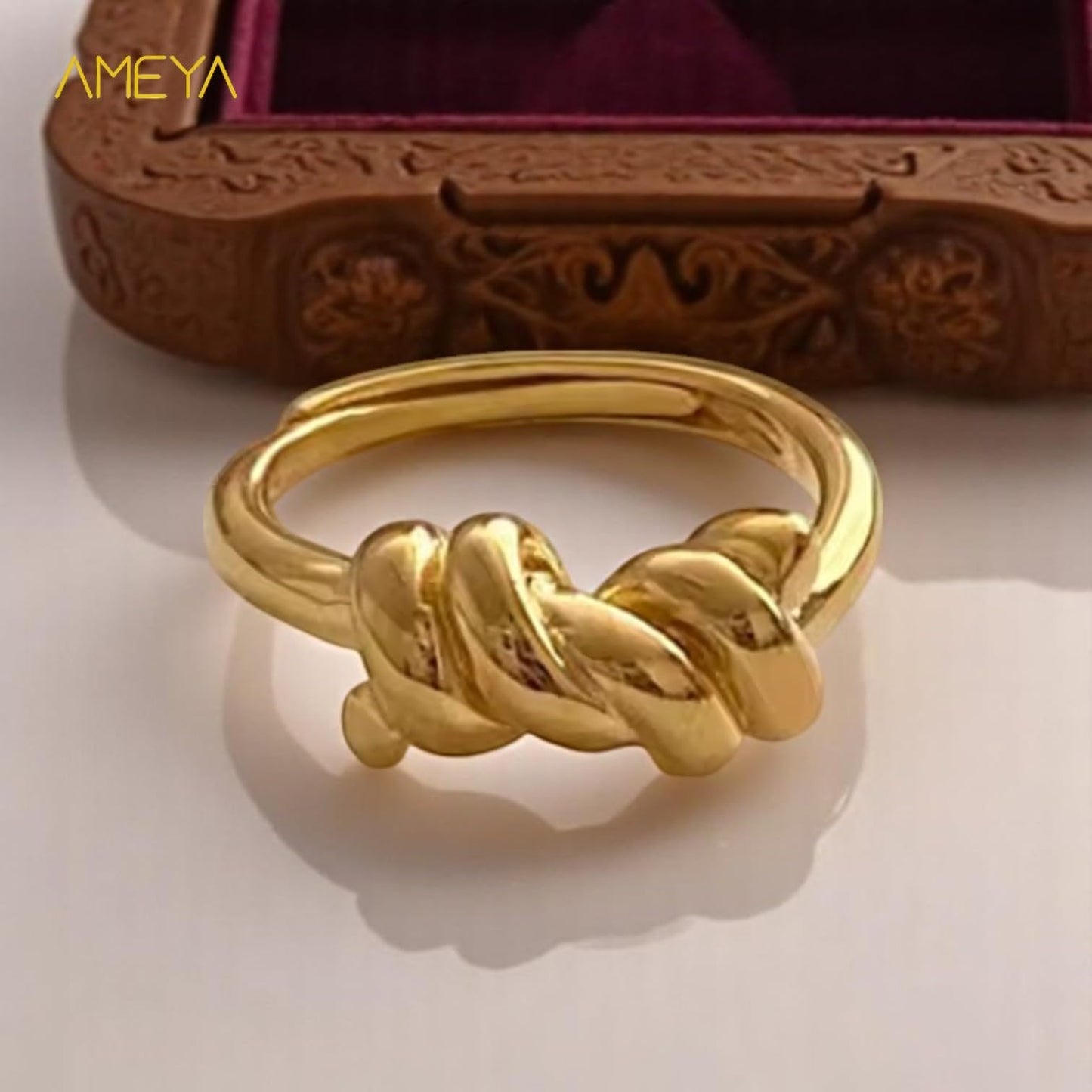 Ameya Twisted Knot Ring, 18K Gold Plated Silver, Adjustable Croissant Design