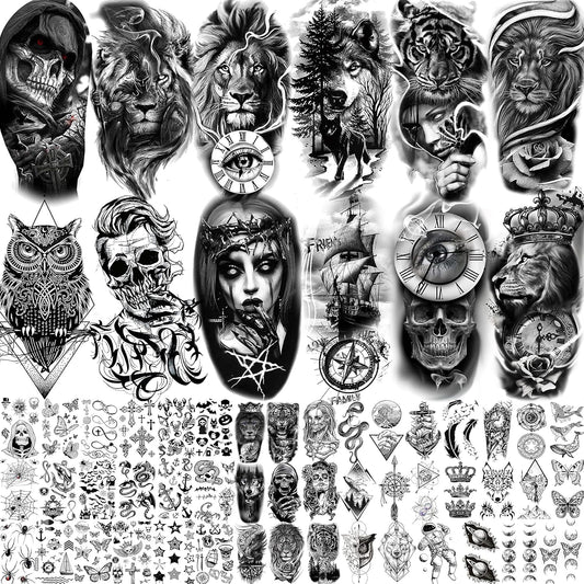 59 Sheets 3D Black Skull Halloween Temporary Tattoos For Men Women Kids, Long Lasting Temp Fake Tattoos For Adults