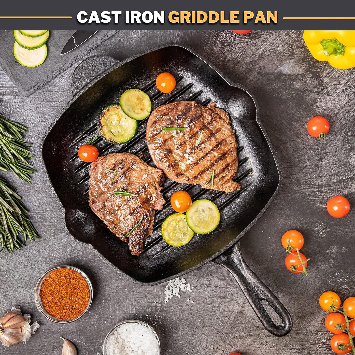 Pre-Seasoned Cast Iron Griddle Frying Pan - Square Enamelled Grill Pan - 28cm (Black)