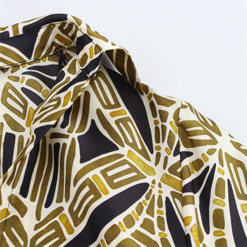 Fashionable Temperament With Belt Printed Long Sleeve Dress