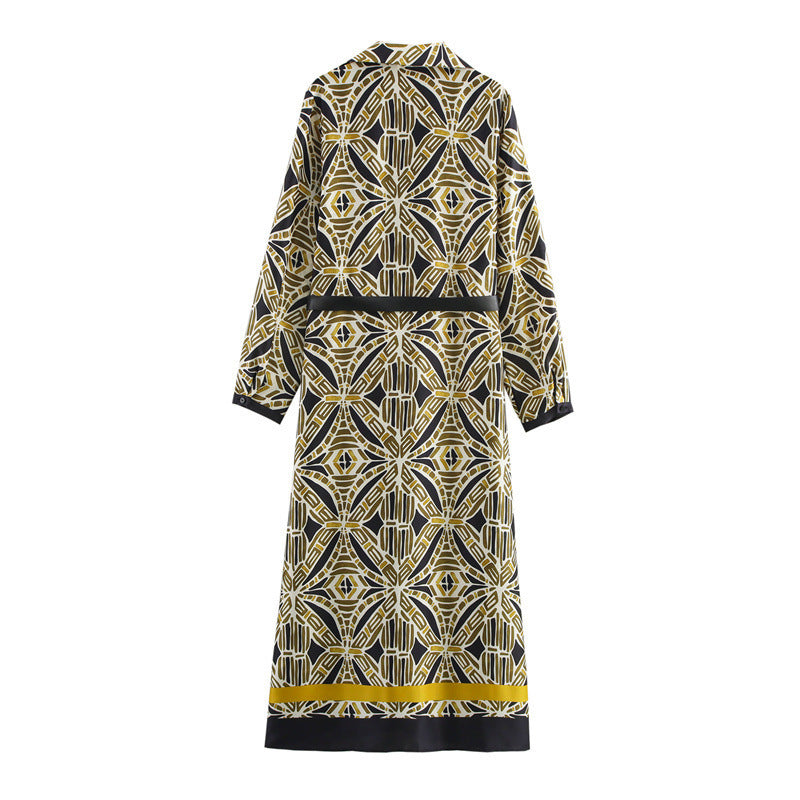 Fashionable Temperament With Belt Printed Long Sleeve Dress