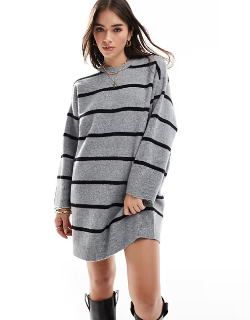 New Stripe Crew Neck Mini Dress with Wide Cuff