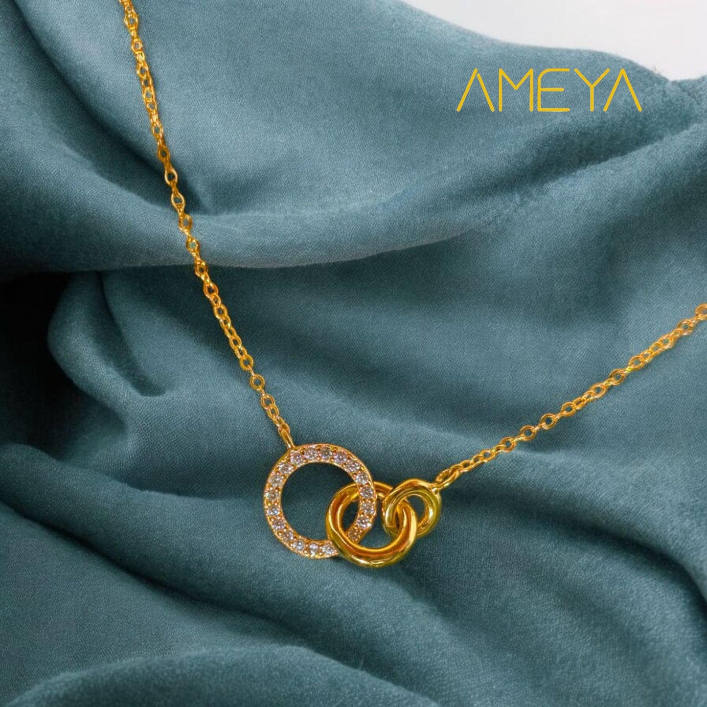 Ameya Interlocking Circles Necklace, 18K Gold Plated with Crystal Accents, Dainty Chain