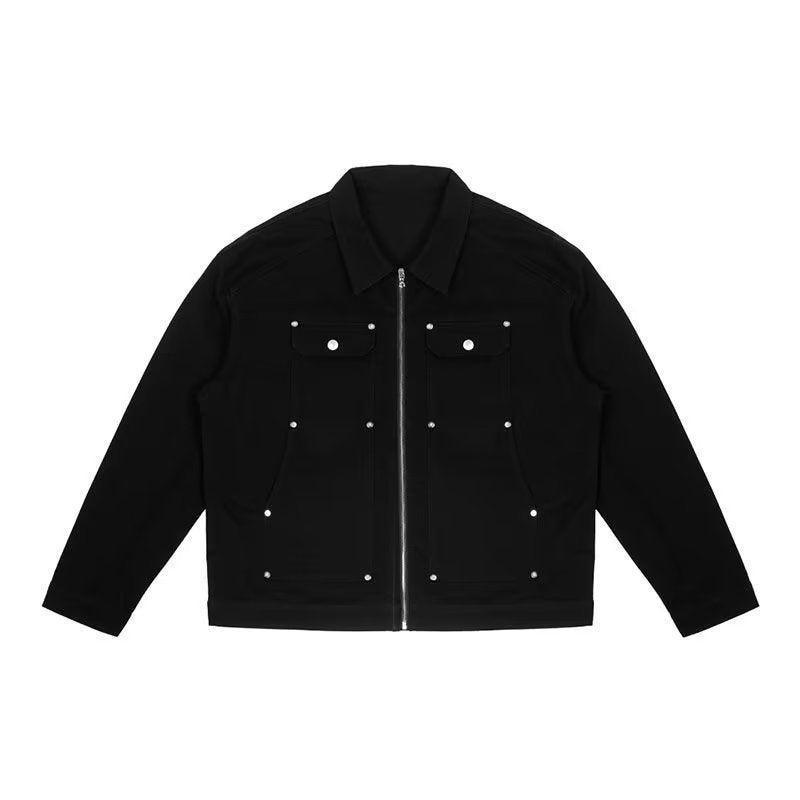 Men's Black Washed Denim Jacket with Zipper and Pocket Detailing - Retro Streetwear Style