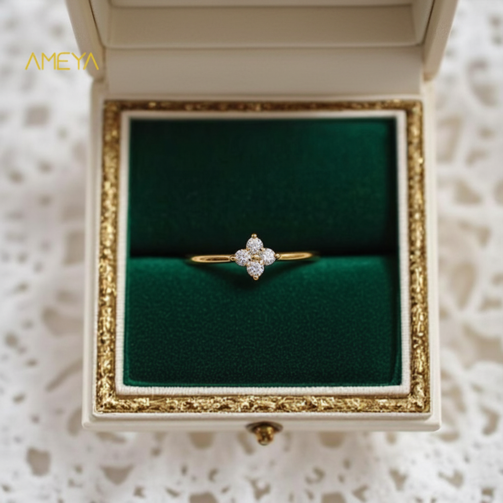 Ameya 925 Sterling Silver Four Leaf Clover Ring, Korean Style Minimalist Design, Dainty Crystal Finger Ring