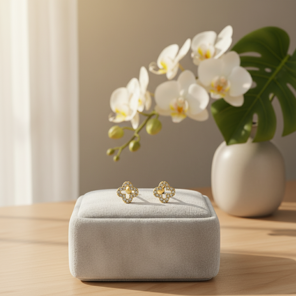 Ameya Clover Crystal Stud Earrings – 18K Gold Plating on Sterling Silver