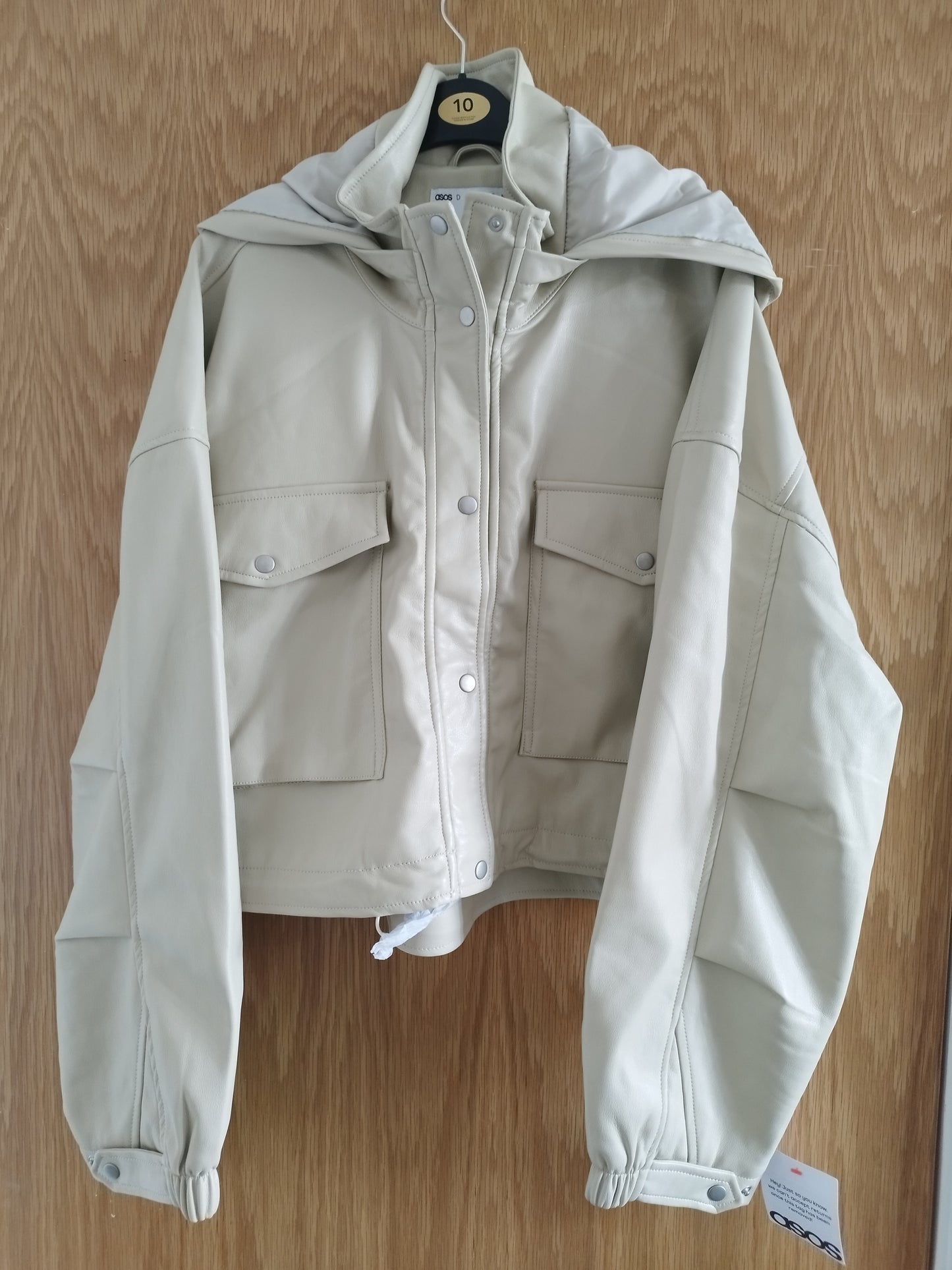 New Ladies Hooded Stone Faux Leather Look Bomber Jacket